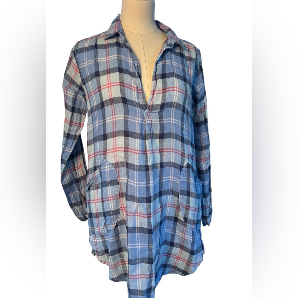 CP Shades plaid linen long sleeve tunic blue red Xs